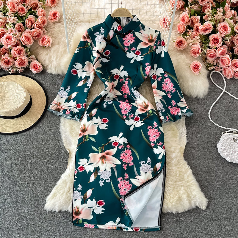 Split cheongsam lace stitched stand collar dress  3244