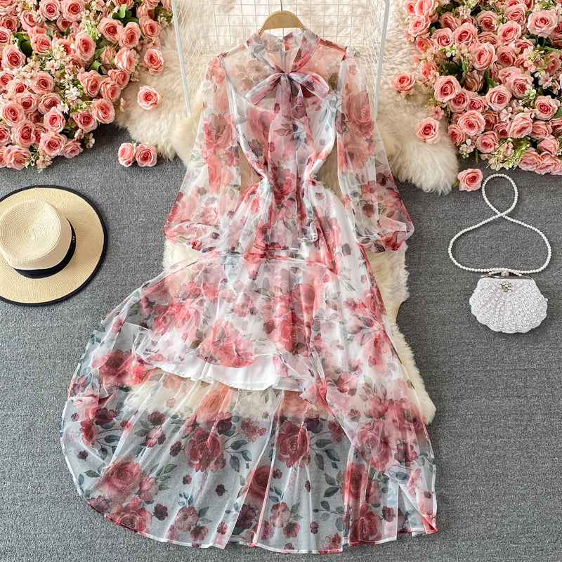 Slim high waist Floral Chiffon Dress  2988