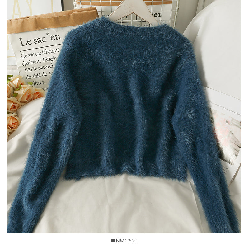 Pullover mit Rundhalsausschnitt, einreihig, langärmelig, Plüsch-Pullover mit Rundhalsausschnitt, 1965