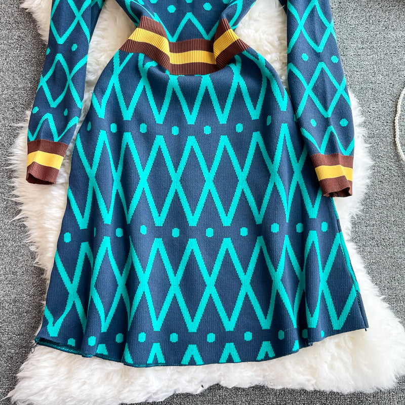 Small fragrance color blocking waist to show thin temperament design dress  3101