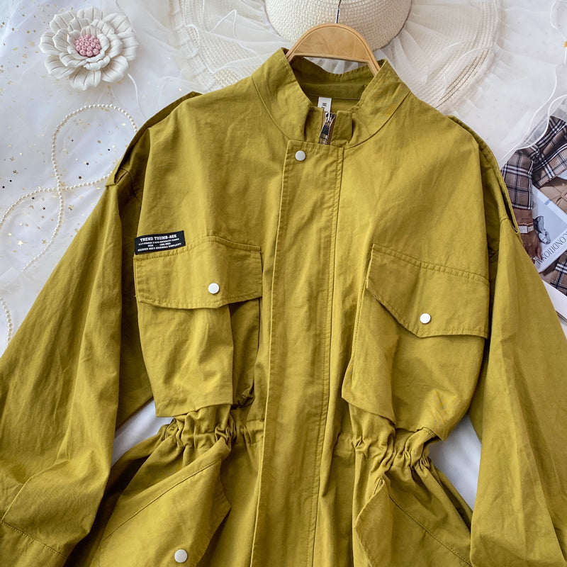 Kleine Windjacke für Damen mit Kordelzug in der Taille, lange Arbeitskleidung, Freizeitmantel 1684