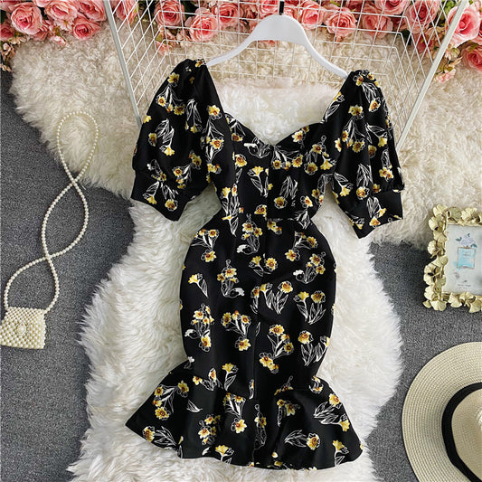 Floral backless square neck bubble sleeve Hip Wrap fishtail dress  2955