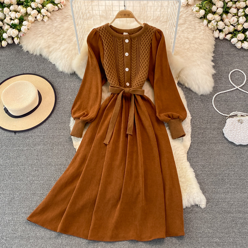 Crew neck twist knit stitched dress  3267