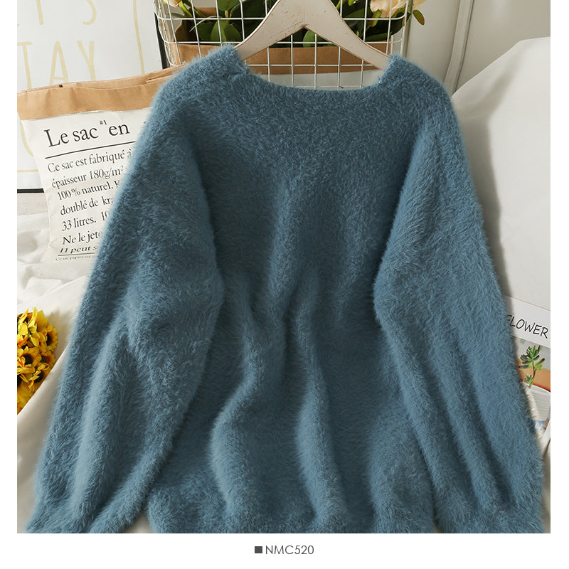 Plush loose slim V-Neck long sleeve sweater women's solid color versati  1964