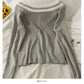 Korean striped off shoulder low collar collarbone exposed long sleeve T-shirt  1976