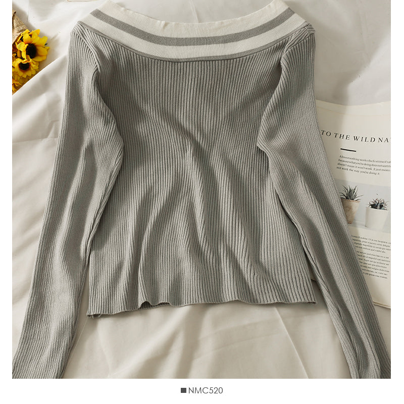 Korean striped off shoulder low collar collarbone exposed long sleeve T-shirt  1976