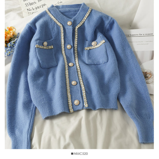 Pullover Damen helle Seidenstreifen einreihige Strickjacke 1796