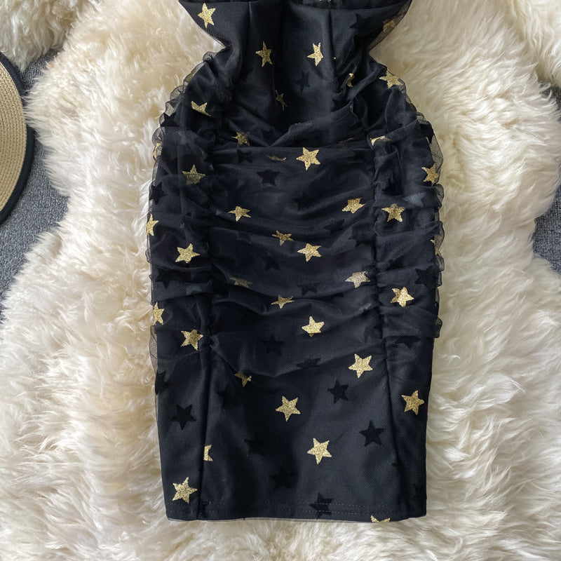 Star mesh splicing suspender Hip Wrap Skirt pleated strapless dress  3032