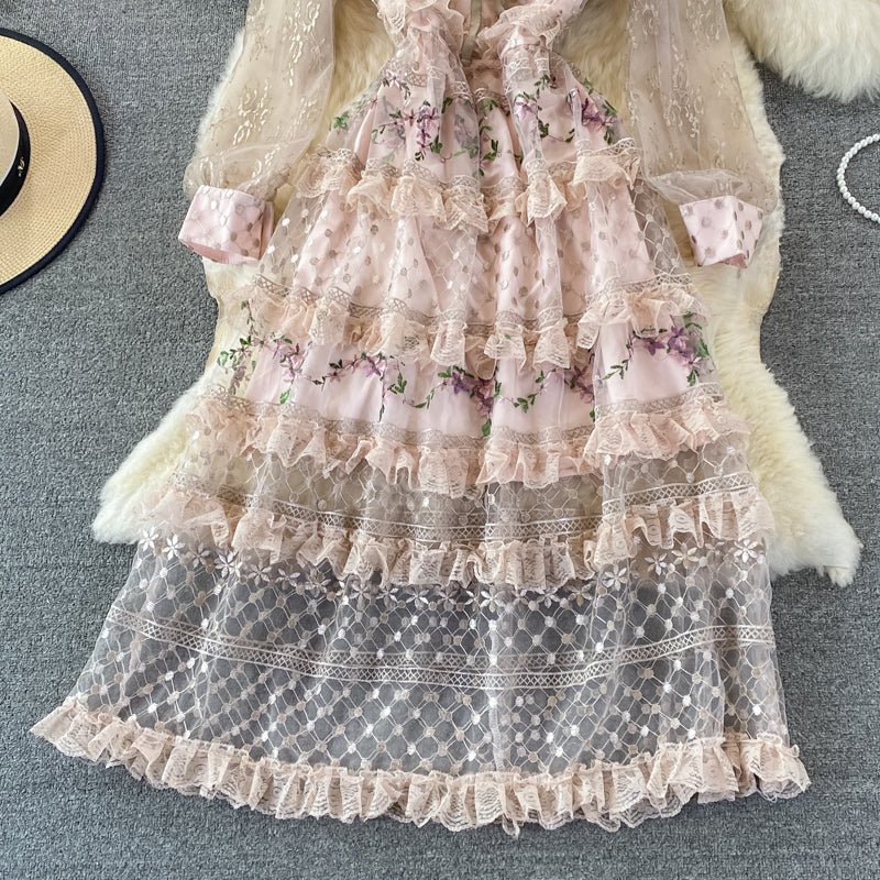 Light luxury stand collar embroidered lace dress  3370