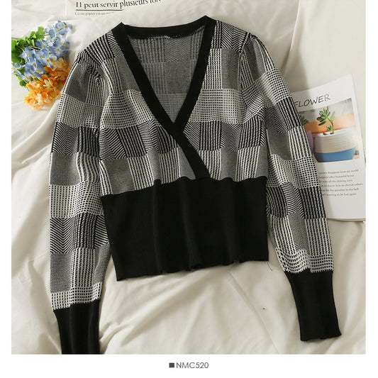 New contrast Plaid versatile long sleeve T-shirt  1919