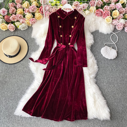 Doll Lapel gold button slim dress big swing velvet dress  3281