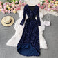 V-neck Sequin dress long sleeve waist closing lady temperament long skirt  3139