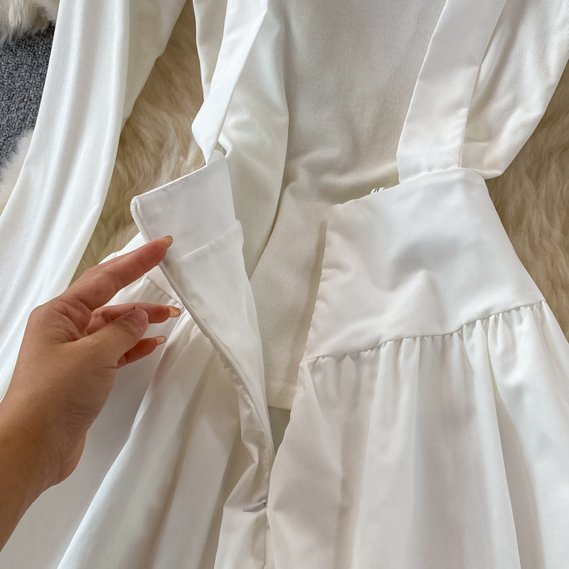 Pleated long sleeve dress women's slim A-line skirt  3259