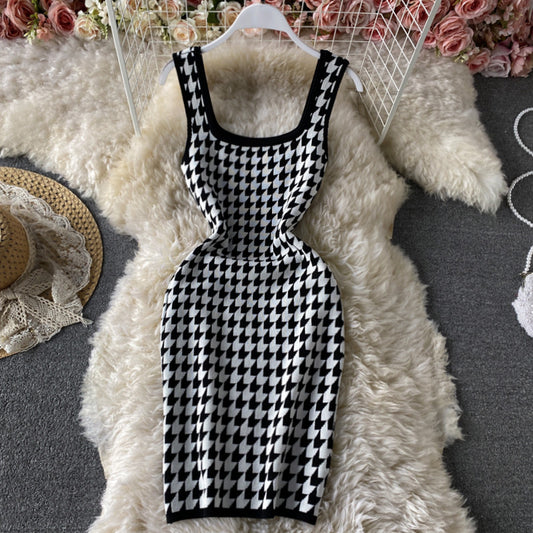 Vintage square neck thousand bird check black and white contrast dress  2793