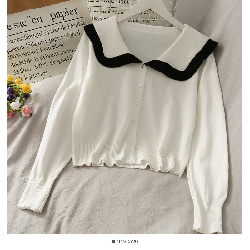 College style white border doll collar single breasted cardigan top  1806