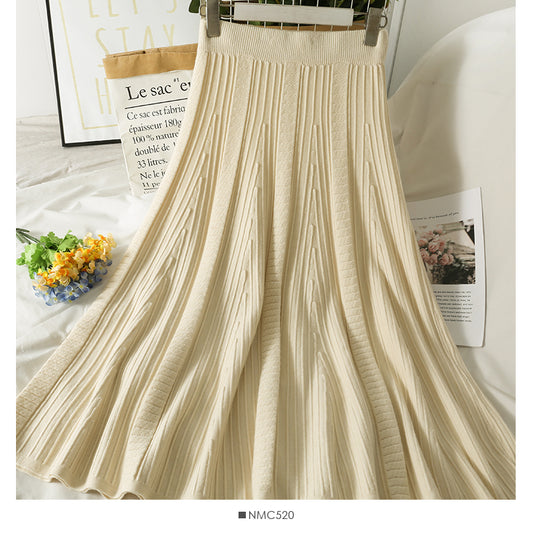 Hong Kong style retro vertical stripe elastic waist thin solid A-line skirt  2625