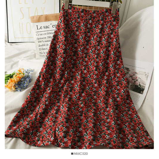 Hong Kong style retro floral medium length high waist A-line skirt  2533