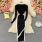 Round neck long sleeve split medium long stretch tight knit dress  3381