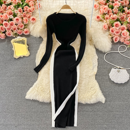 Round neck long sleeve split medium long stretch tight knit dress  3381