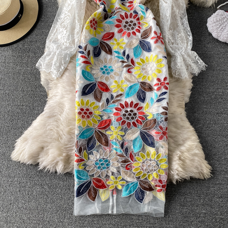 Slim temperament square neck lace embroidered split dress  3418