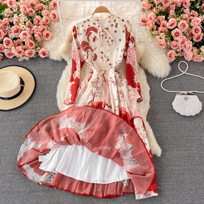 Robe ample à imprimé en dentelle avec nœud papillon 3351