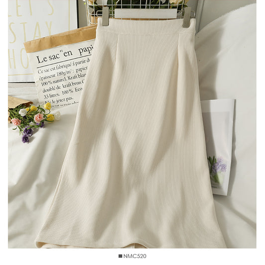 Hong Kong style retro high waist Plush thickened warm knee length skirt  2573