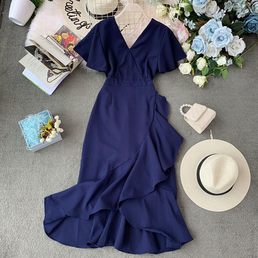 Ruffle front short back irregular middle skirt irregular dress  3400