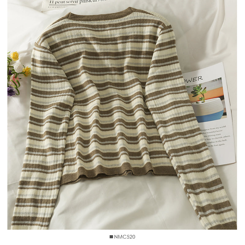 Striped single breasted V-neck cardigan thin top women  1892