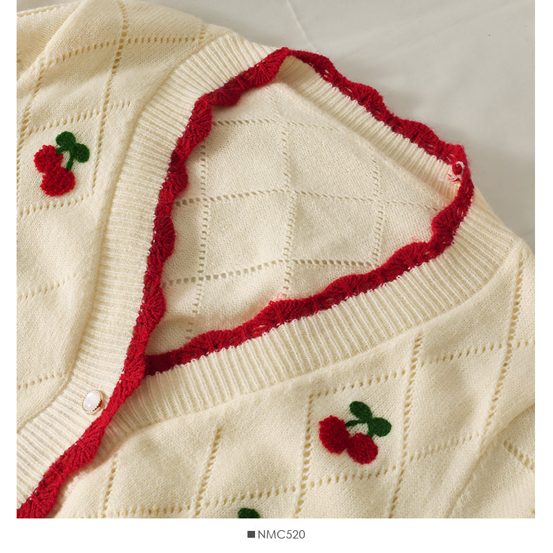 Cherry embroidered diamond check wavy edge sweater  1748