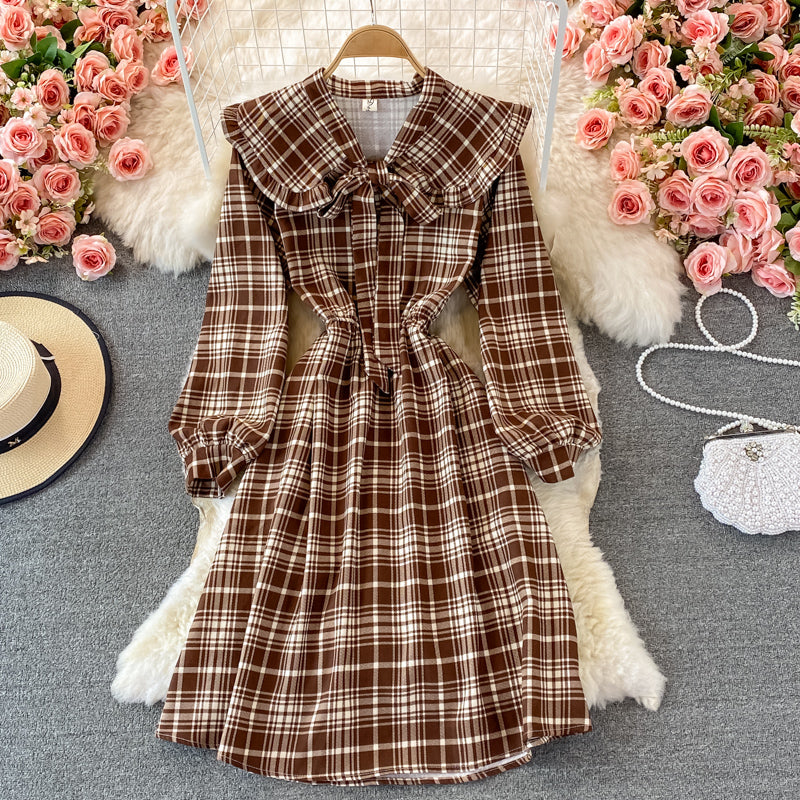 Doll neck bow tie tie mid length dress  3008