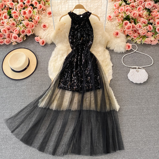 Robe sexy en maille patchwork à épaules dénudées et sequins 2908