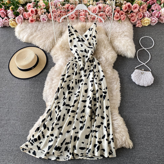 V-neck high waist slim suspender dress  3046