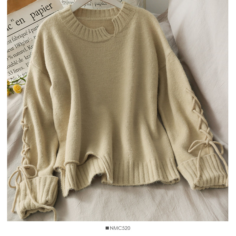 New drawstring lace up long sleeve loose Pullover Sweater  1709