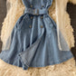 Slim mesh stitched denim A-line skirt dress  3438