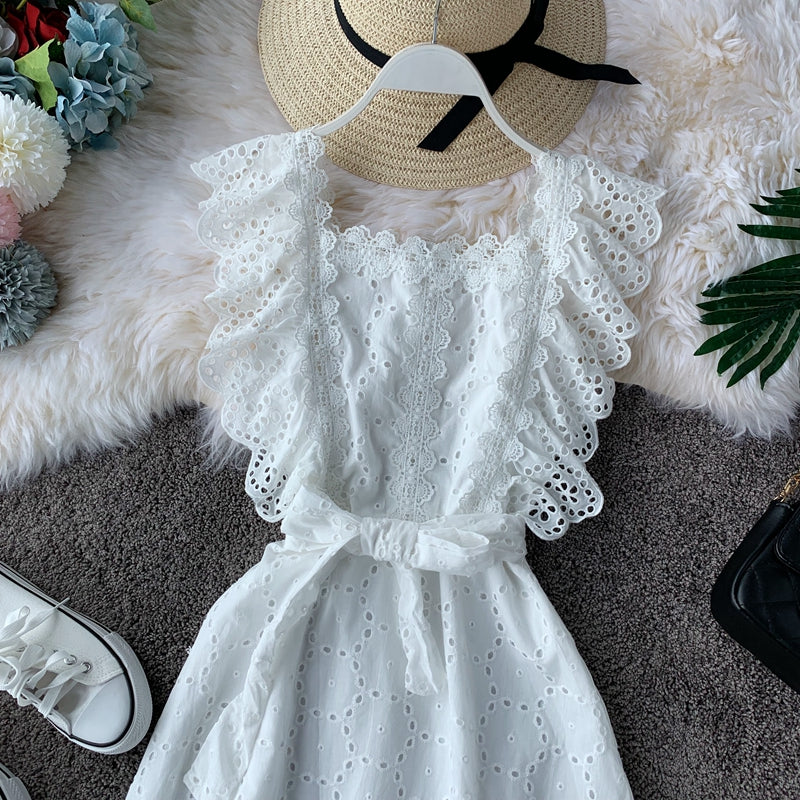 Vintage Lace square neck waist slim dress  2827