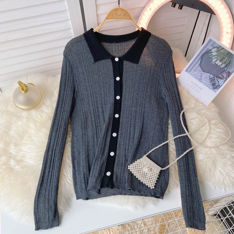 Autumn new single breasted polo collar contrast long sleeve sweater  1591