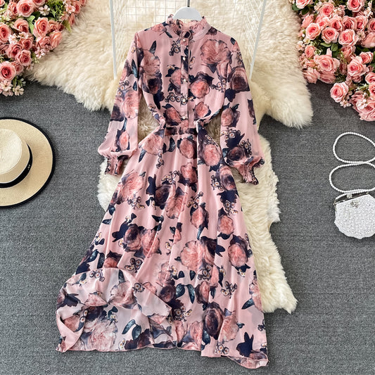 Slim waist and slim temperament French Vintage Chiffon Dress  3198