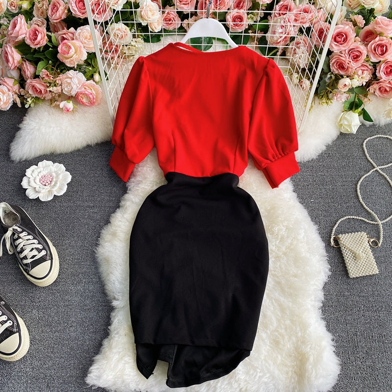 Pleated waist with thin design and color blocking dress  3421