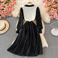 Korean high waist round neck knit stitched dress  3369