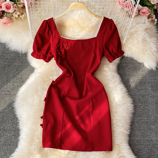 Boucle de disque rétro tempérament manches à bulles col carré dre 2808