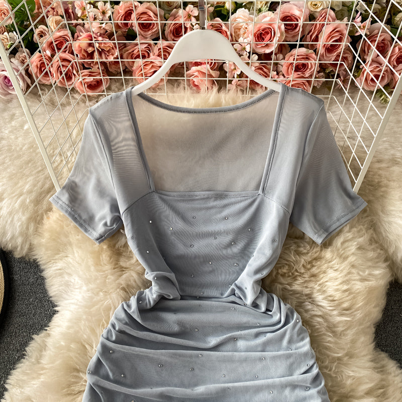 Sexy square neck slim slim fit mesh hot drill pleated Hip Wrap Dress  3172