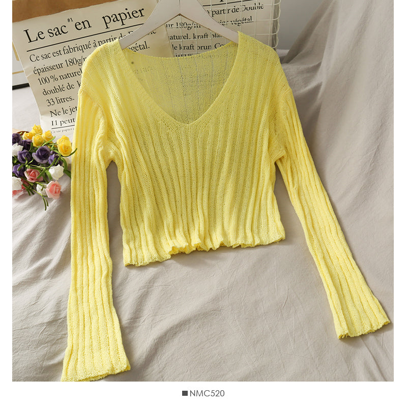 Vertical stripe thin micro transparent short sweater  1717
