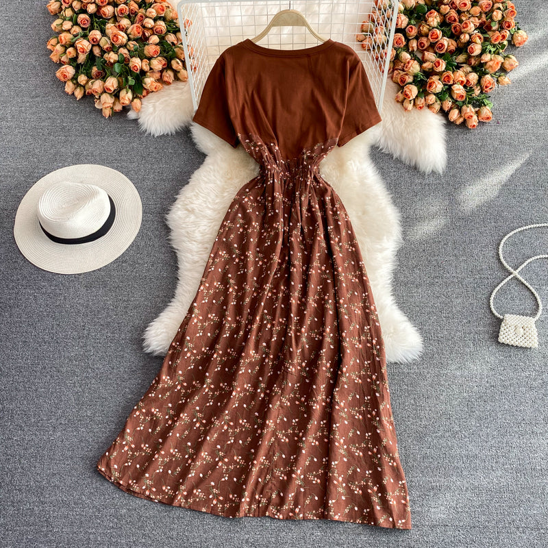 Hepburn round neck patchwork Floral Dress  3218