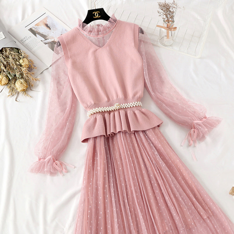 Knee Skirt vest suit two piece set super sweet  2289