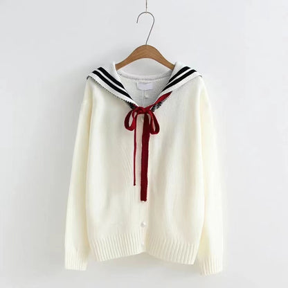 Navy collar long sleeve sweater, student tie bow knit cardigan  1414