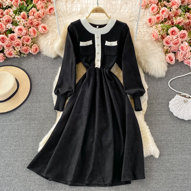 Korean high waist round neck knit stitched dress  3369