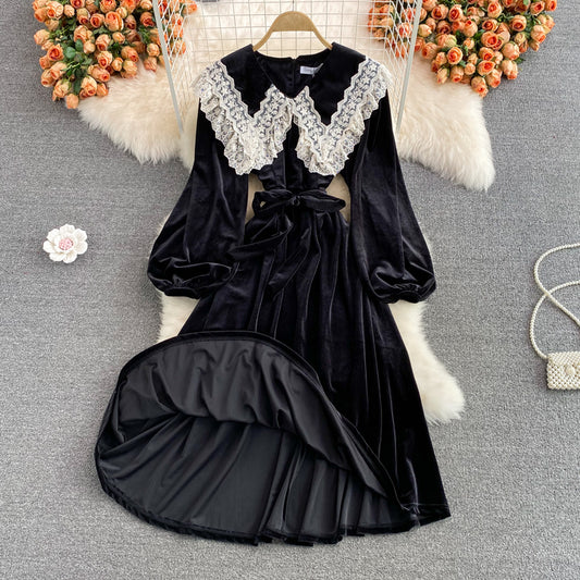 Doll neck velvet dress lace lapel  2861