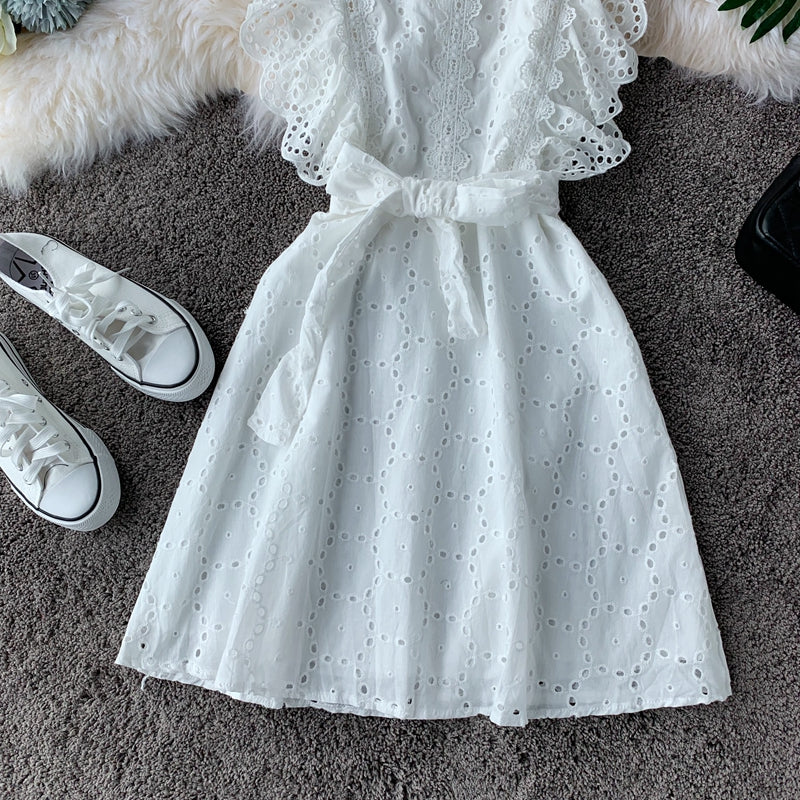 Vintage Lace square neck waist slim dress  2827