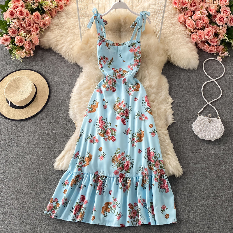 Bow tie floral medium length Ruffle Dress  3316