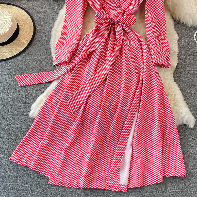 French Plaid Lapel dress  3374